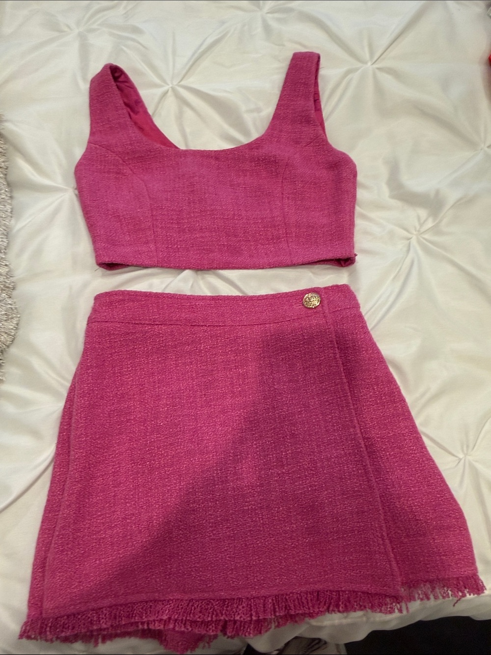 Central Park West Hot Pink Tweed Mini Skirt  and cropped top